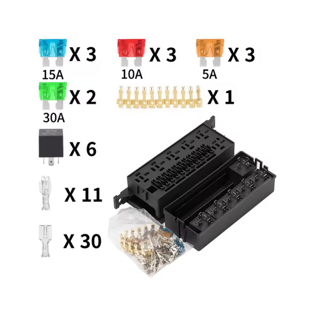 12V Fuse Relay Box 6 Relays 11 ATC/ATO Fuses Waterproof for Car Marine Boat