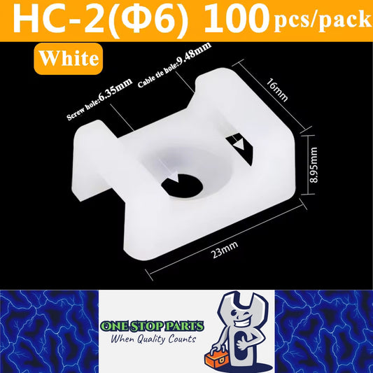 100 X White Cable tie Mounts Plastic 6.35mm Centre screw or pop rivet base