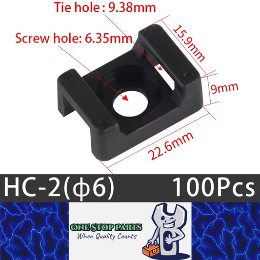 100 X Black Cable tie Mounts Plastic 6.35mm Centre screw or pop rivet base