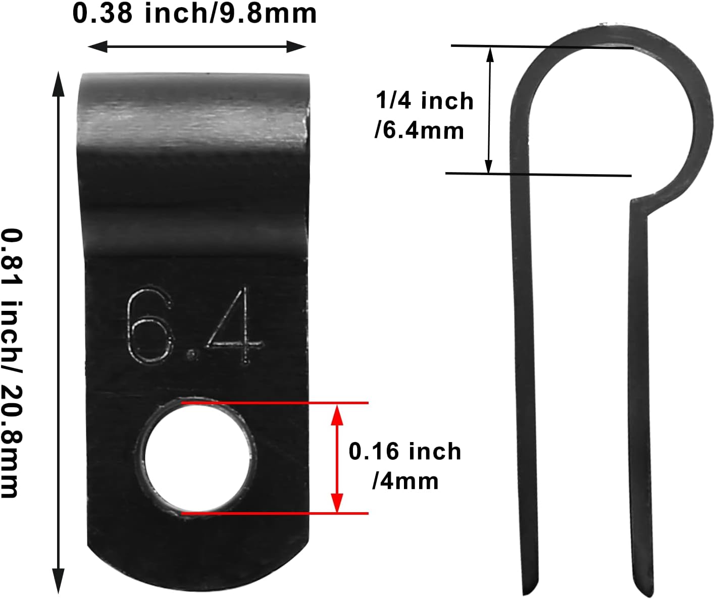 100 X Black 6.4mm P Clamps Cable saddle clips R-Type Nylon Plastic Clamps 100pcs