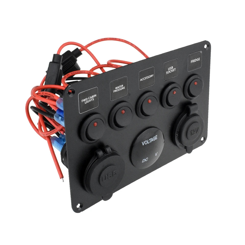 12-24V Red 5 Switch Panel Volt USB Port 12V Outlet Combination Marine LED Rocker