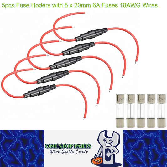5 x Inline Glass Fuse Holders with 5mm x 20mm Long 6A Glass Fuses 18 AWG Wires