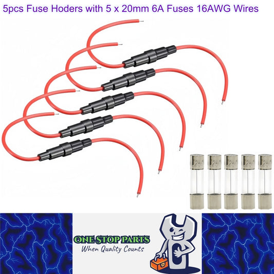 5 x Inline Glass Fuse Holders with 5mm x 20mm Long 6A Glass Fuses 16 AWG Wires