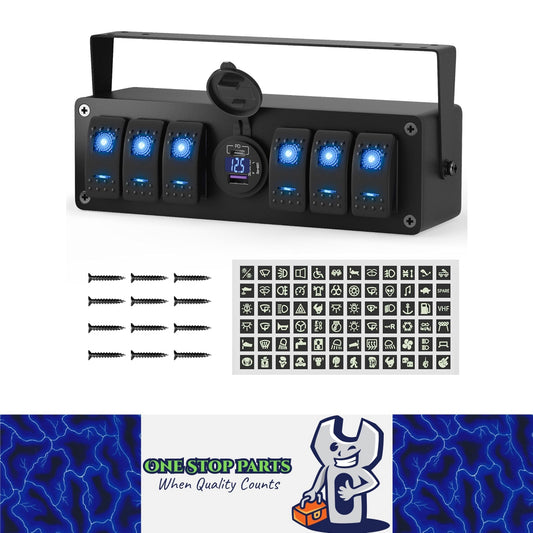 6 Gang Rocker Switch Box Switch Panel with PD + QC3.0 USB Outlet and Voltmeter