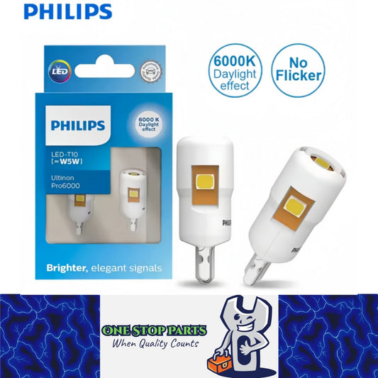 2 x Philips T10 W5W LED Globes 12V 6000K Daylight White Philips T10 LED Globes