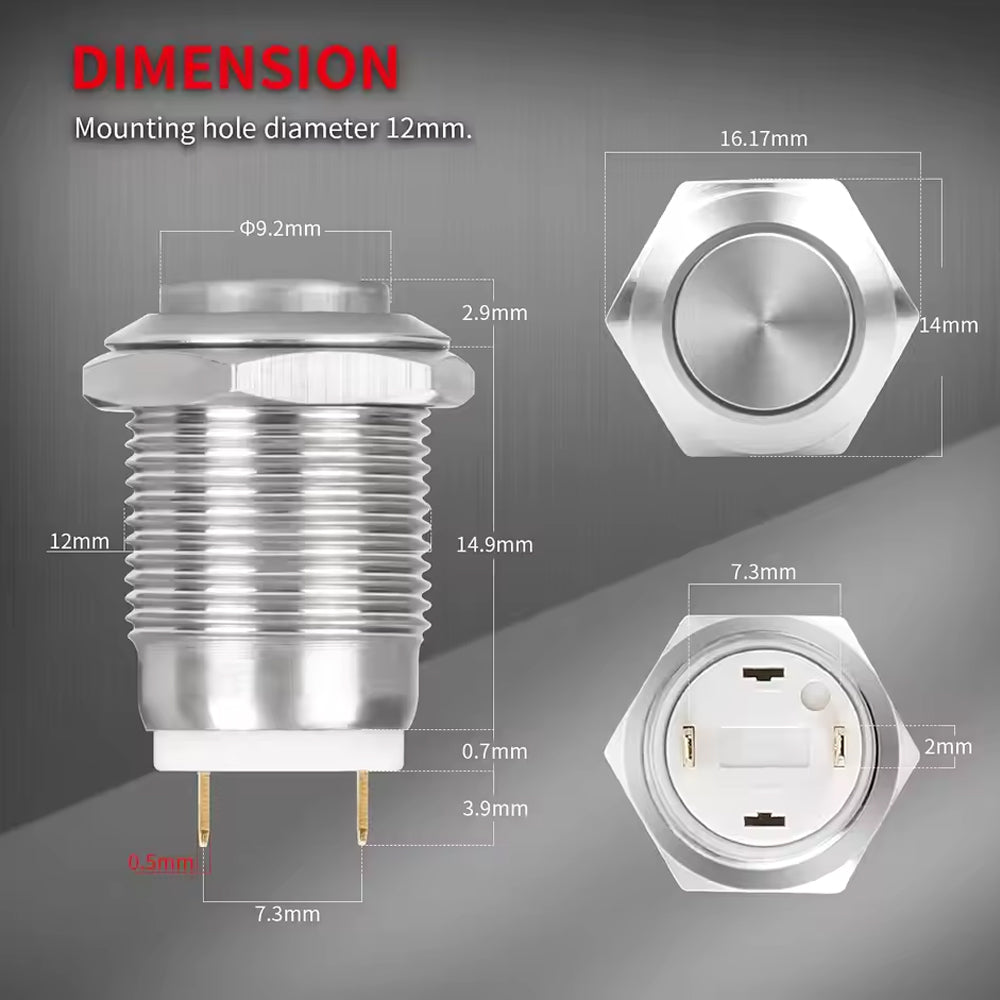 6pcs 12mm Metal Momentary Push Button Switch 12V 2 Pin On/Off Switch