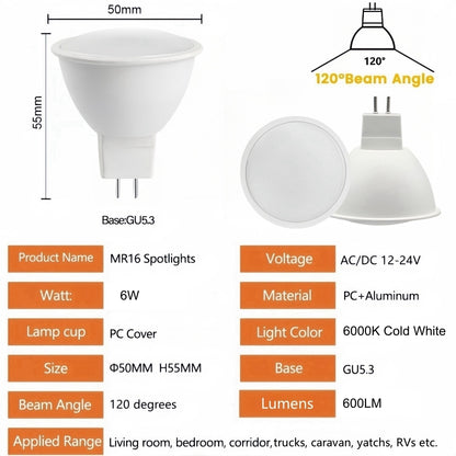 MR16 6W LED Spotlight AC/DC 12V-24V 120 Degree 6000K Cold White Downlight