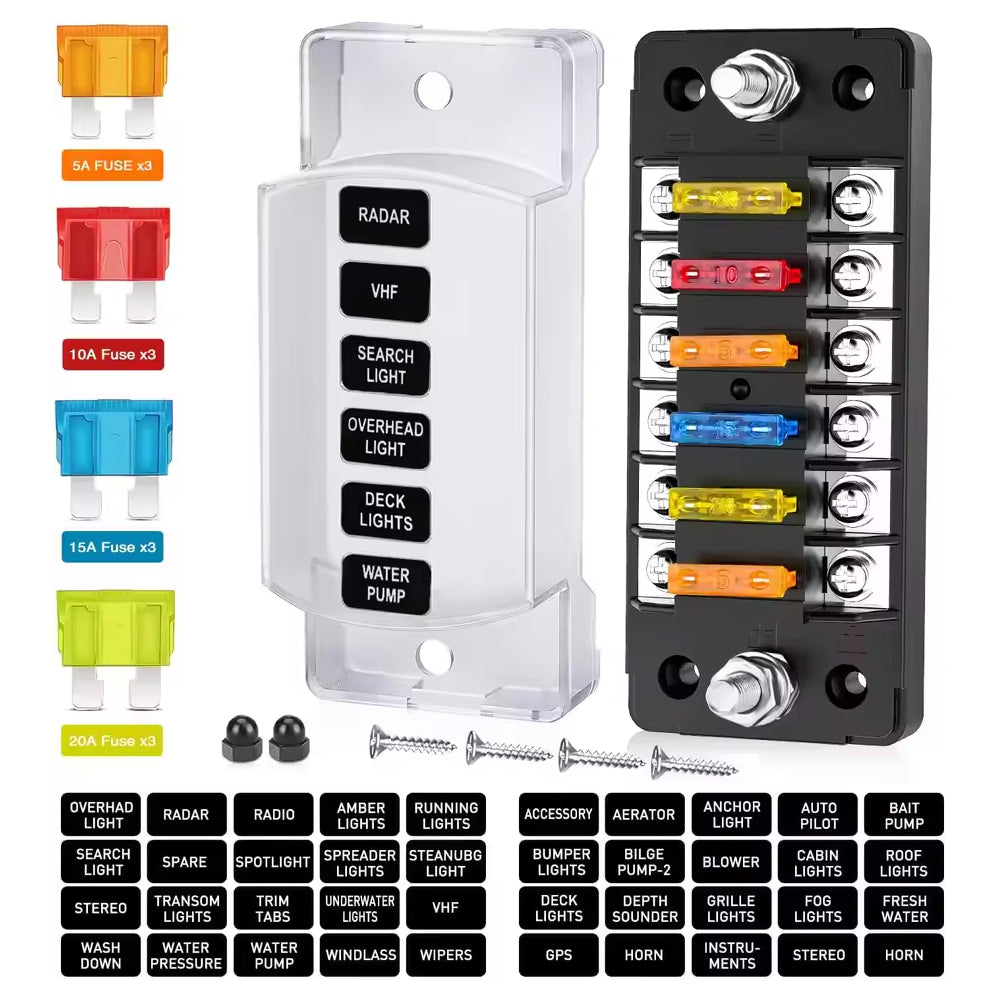 6 Way Fuse Box with Cover Name Plate Stickers Bus bar ATO/ATC Blade Fuse Block