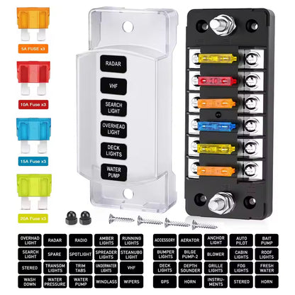 6 Way Fuse Box with Cover Name Plate Stickers Bus bar ATO/ATC Blade Fuse Block