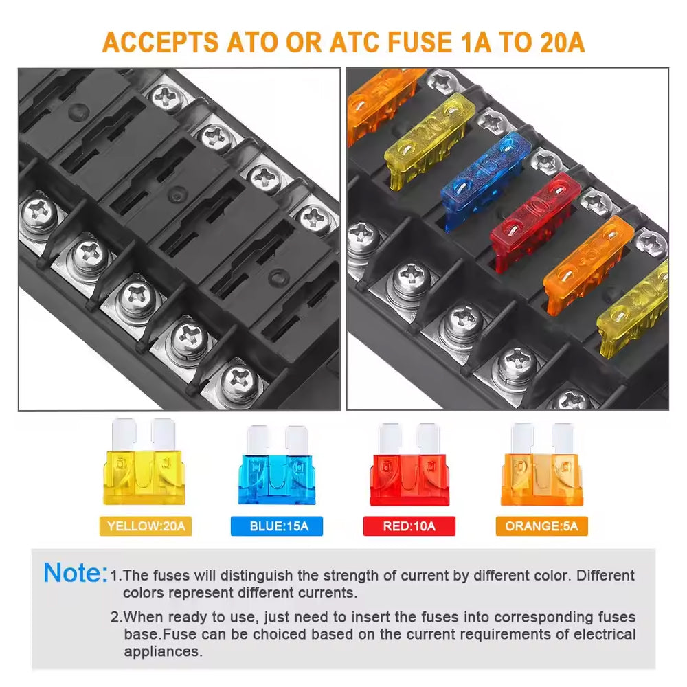 6 Way Fuse Box with Cover Name Plate Stickers Bus bar ATO/ATC Blade Fuse Block