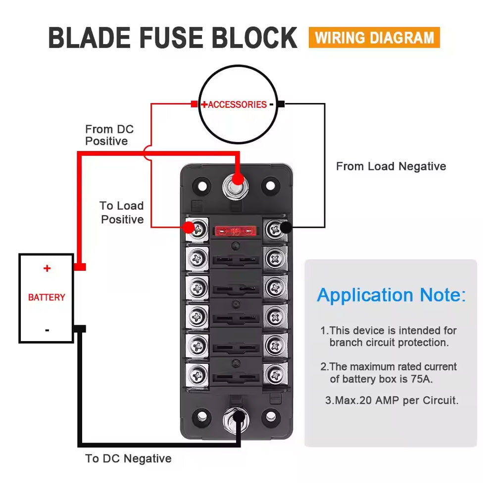 6 Way Fuse Box with Cover Name Plate Stickers Bus bar ATO/ATC Blade Fuse Block