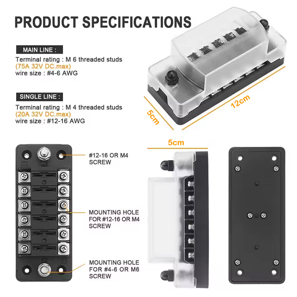 6 Way Fuse Box with Cover Name Plate Stickers Bus bar ATO/ATC Blade Fuse Block