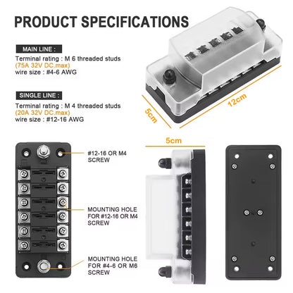 6 Way Fuse Box with Cover Name Plate Stickers Bus bar ATO/ATC Blade Fuse Block