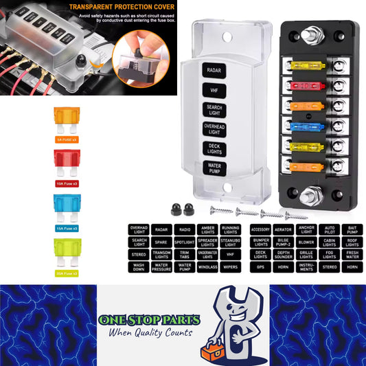 6 Way Fuse Box with Cover Name Plate Stickers Bus bar ATO/ATC Blade Fuse Block