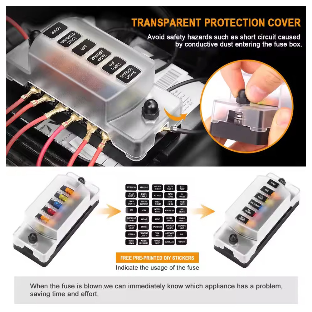 6 Way Fuse Box with Cover Name Plate Stickers Bus bar ATO/ATC Blade Fuse Block