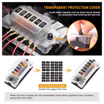 6 Way Fuse Box with Cover Name Plate Stickers Bus bar ATO/ATC Blade Fuse Block