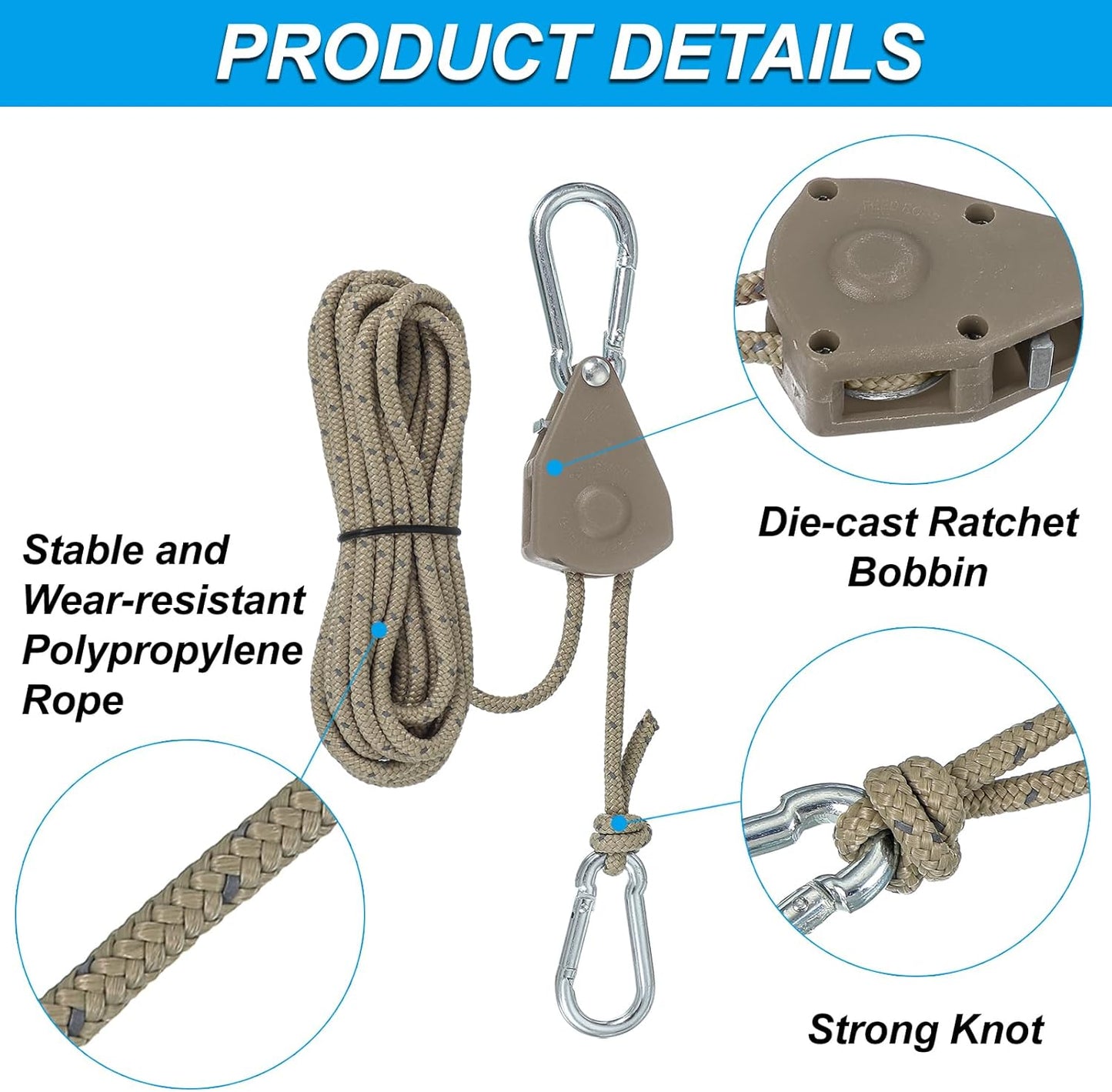6 x Khaki Reflective Tent Rope Ratchet Tensioner Clip for Camping Awning Gear