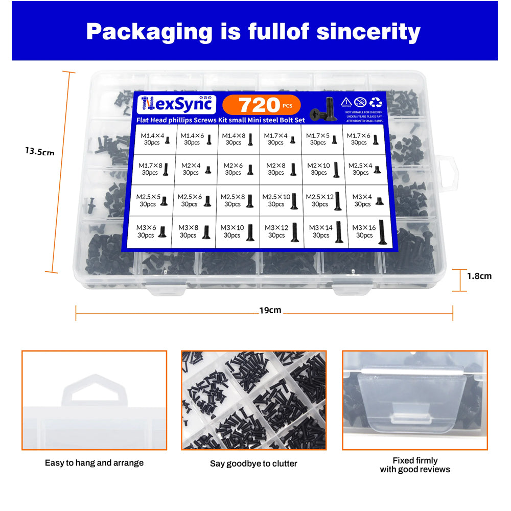 720pcs Mini Flat Head Phillips Screws Kit M1.4/1.7/2/2.5/3 for Laptop Electronic