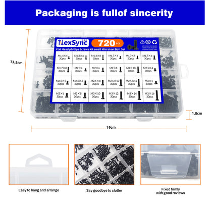 720pcs Mini Flat Head Phillips Screws Kit M1.4/1.7/2/2.5/3 for Laptop Electronic