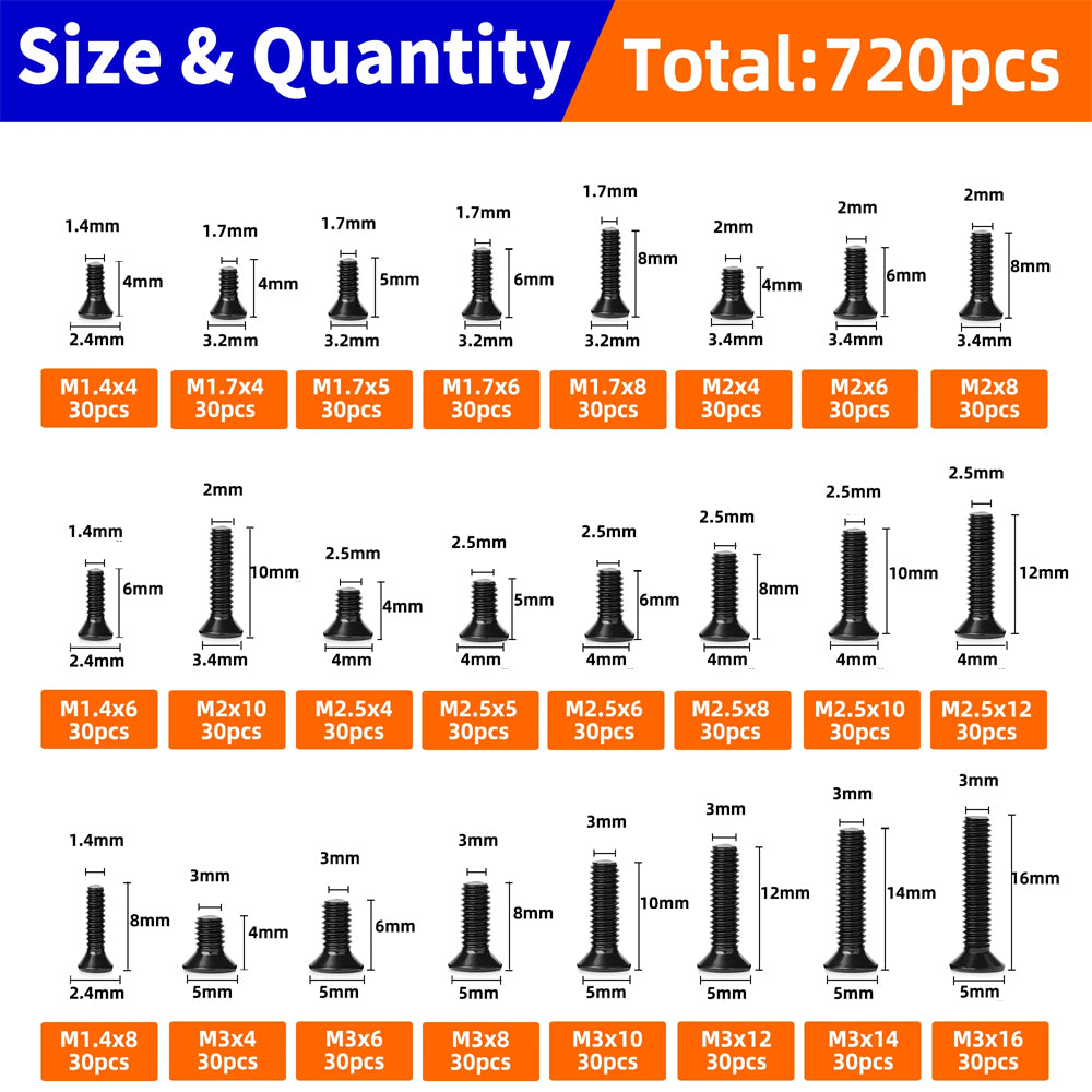 720pcs Mini Flat Head Phillips Screws Kit M1.4/1.7/2/2.5/3 for Laptop Electronic
