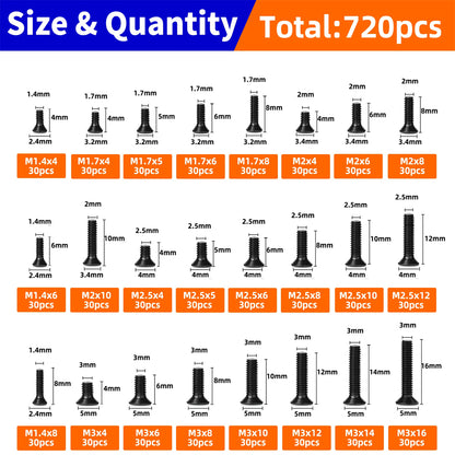 720pcs Mini Flat Head Phillips Screws Kit M1.4/1.7/2/2.5/3 for Laptop Electronic