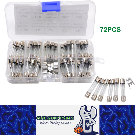 72pcs 6x30mm Glass Fuses Assorted Kit 10 Values 250V 0.5A-30A Car Glass Fuses