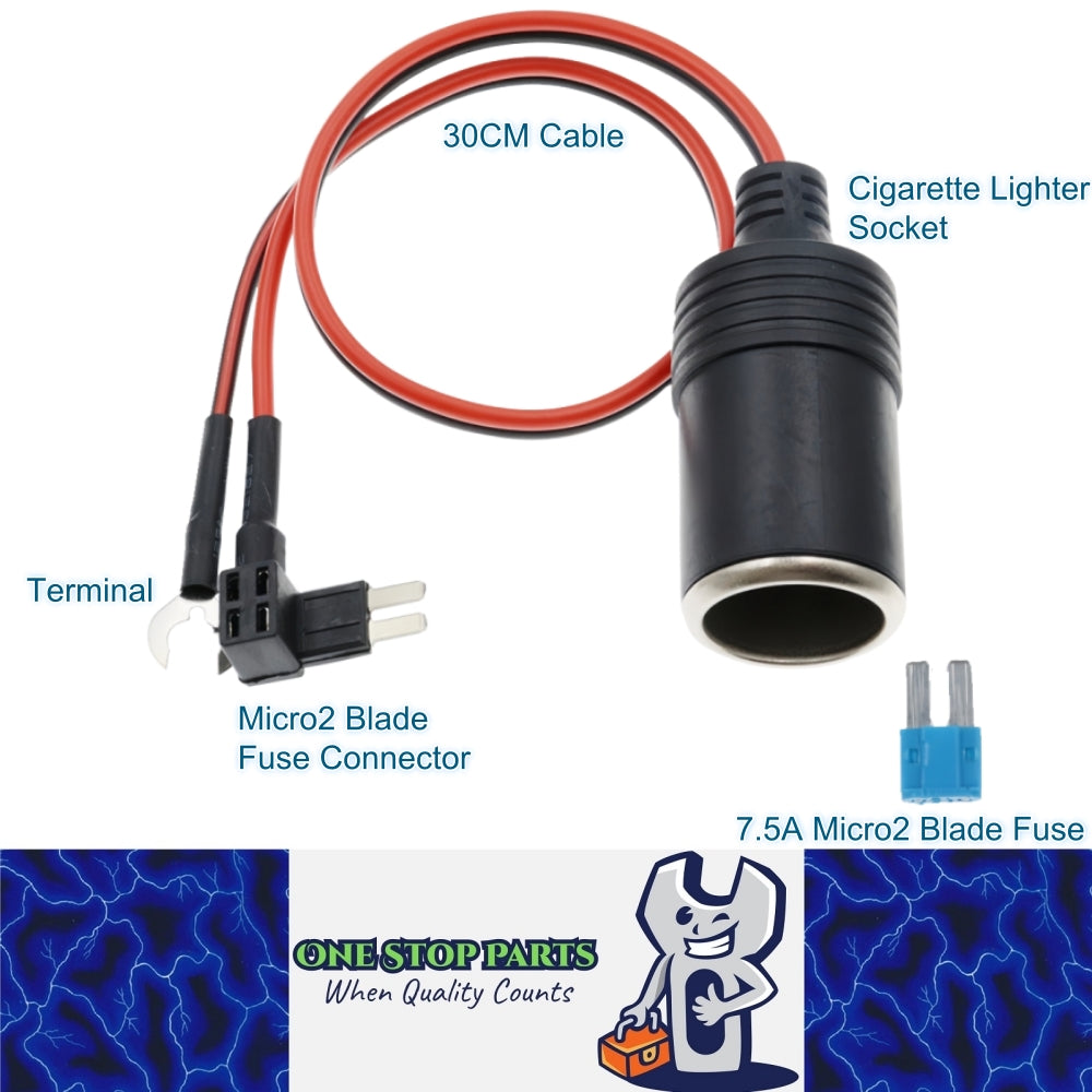 Micro2 Blade fuse Connector Cigarette Lighter Socket Adapter 30CM Cable 7.5A