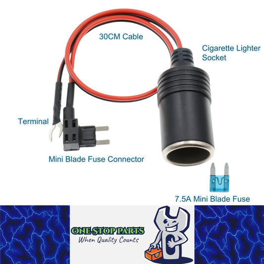 Mini Blade fuse Connector Cigarette Lighter Socket Adapter 30CM Cable 7.5A Fuse