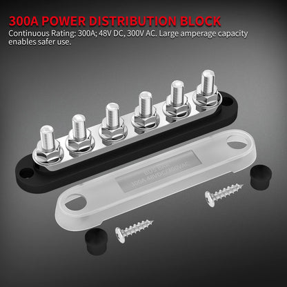 M10 Bus Bar 12V-48V 300A Power Distribution Block 6 x M10 Posts Studs Terminals