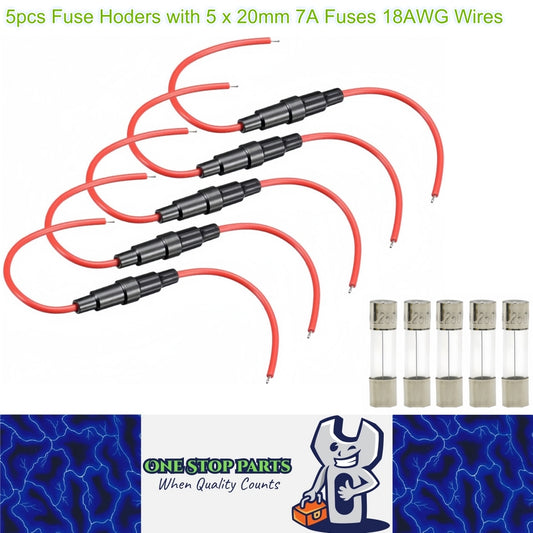 5 x Inline Glass Fuse Holders with 5mm x 20mm Long 7A Glass Fuses 18 AWG Wires