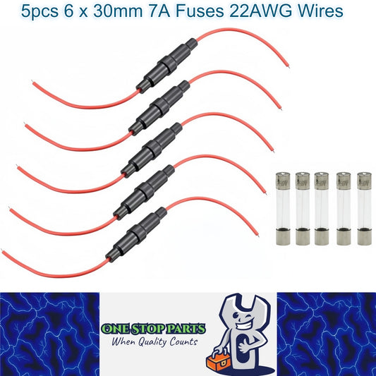 5 x Inline Glass Fuse Holders with 6mm x 30mm Long 7A Glass Fuses 22 AWG Wires