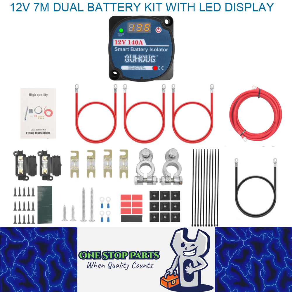 12V Dual Battery Kit LED Display Voltage Sense Relay Isolator Fuse Terminal (7M)