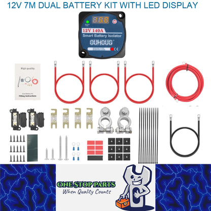 12V Dual Battery Kit LED Display Voltage Sense Relay Isolator Fuse Terminal (7M)