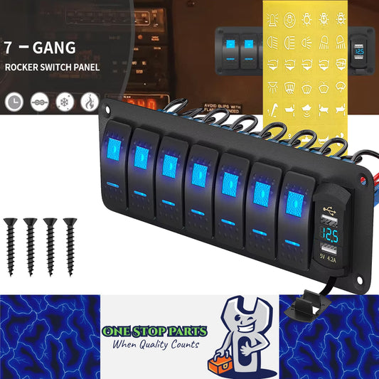 12V-24V Pre Wired 7 Gang Switch Panel LED Rocker Switch Panel with Volt USB Port