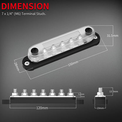 M6 Bus Bar 12V-48V 150A Power Distribution Block 7xM6 Posts Studs Terminal Block