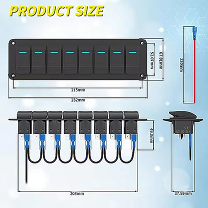 Pre-wired 8 Gang Blue LED Rocker Switch Panel 12-24V for Car Caravan Boat Marine