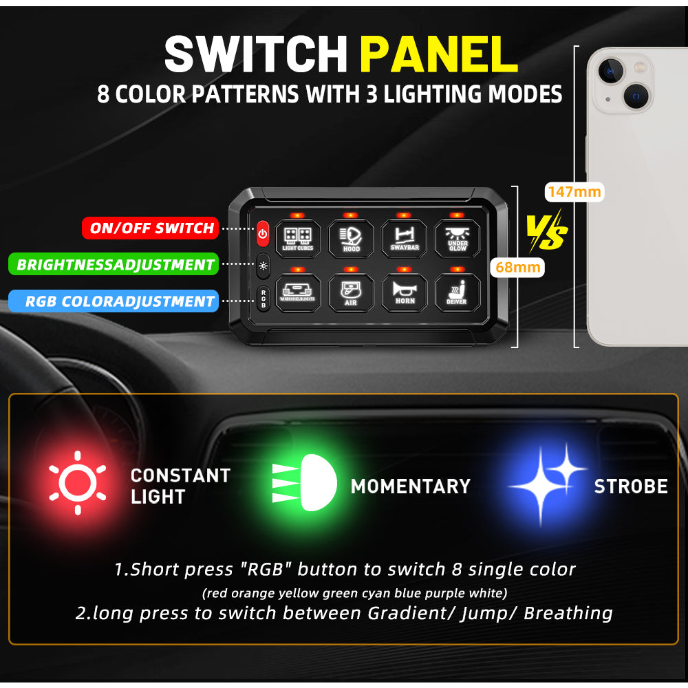 12v - 24v 8 Gang Bluetooth LED Touch Switch Panel Blue Car or Boat + App Control