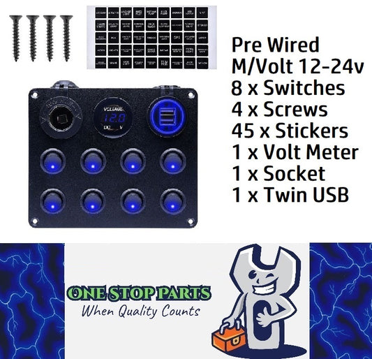 Pre Wired 8 Gang Switch Panel Usb Volt Meter Socket For Car Truck Marine (Blue)