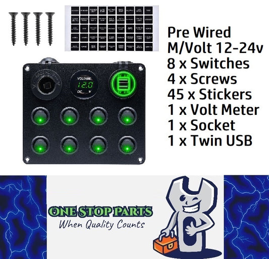 Pre Wired 8 Gang Switch Panel Usb Volt Meter Socket For Car Truck Marine (Green)