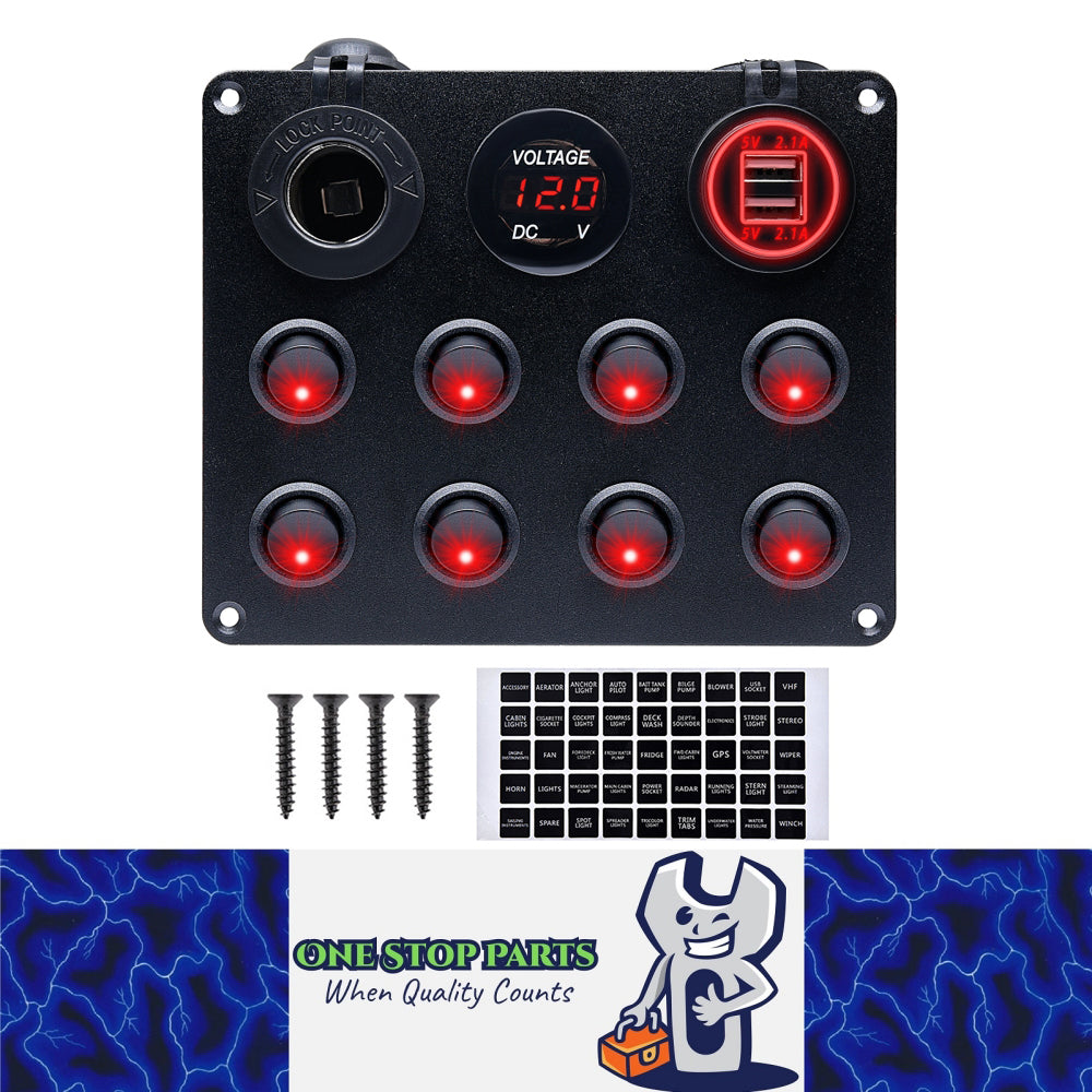 12-24V Red 8 Switch Panel Volt USB Port 12V Outlet Combination Marine LED Rocker