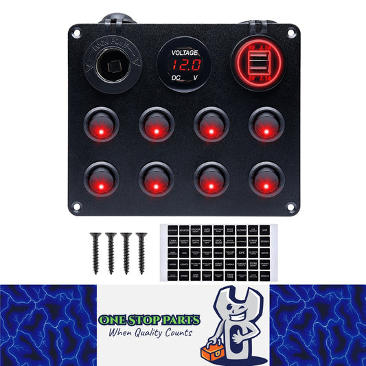 12-24V Red 8 Switch Panel Volt USB Port 12V Outlet Combination Marine LED Rocker