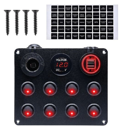 Pre Wired 8 Gang Switch Panel Usb Volt Meter Socket For Car Truck Marine (Red)