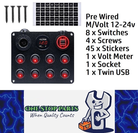 Pre Wired 8 Gang Switch Panel Usb Volt Meter Socket For Car Truck Marine (Red)