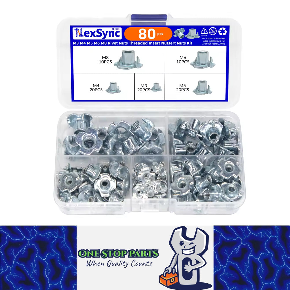 80pcs T Nuts 4 Pronged Tee Blind Nut Kit M3/4/5/6/8 Four-Claw Nut Wood Furniture