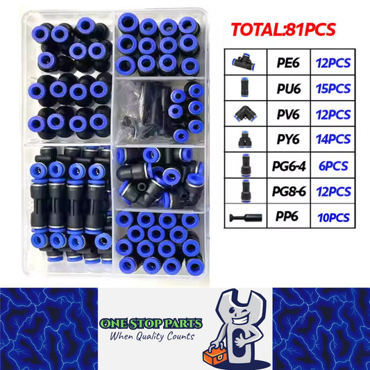 81pcs 6mm Air Pneumatic Connectors Fittings Kit with PE/PU/PV/PY/PG/PP Plugs