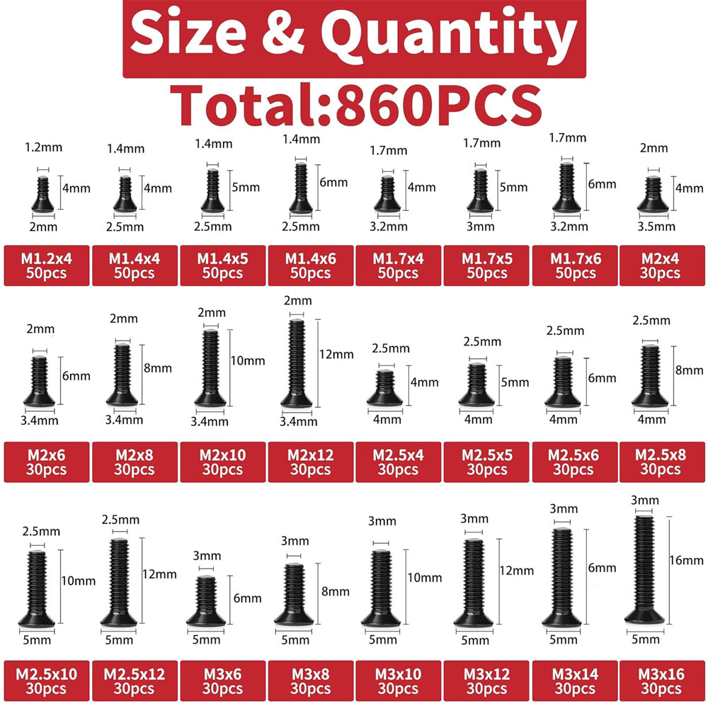 860pcs Small Screw Assortment Kit M1.2 M1.4 M1.7 M2 M2.5 M3 for Laptop PC SSD