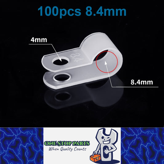 100 X White 8.4mm P Clamps Cable saddle clips R-Type Nylon Plastic Clamps 100pcs