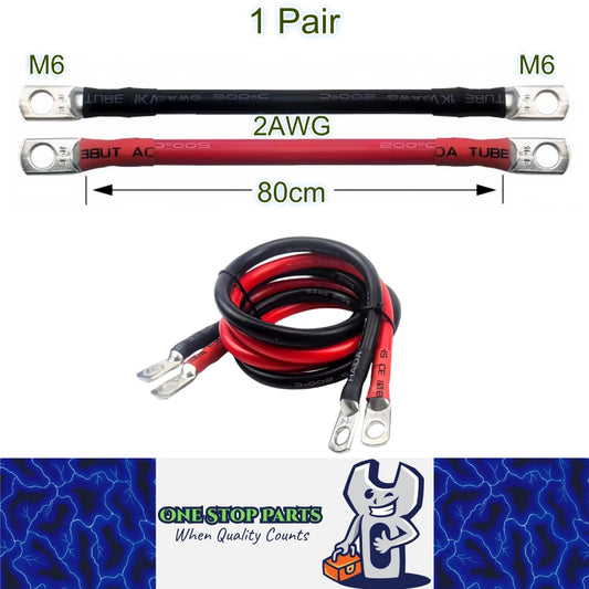 Pair 80cm 2AWG Car Battery Cables Black Red Silicone Cable with M6 Eye Terminals