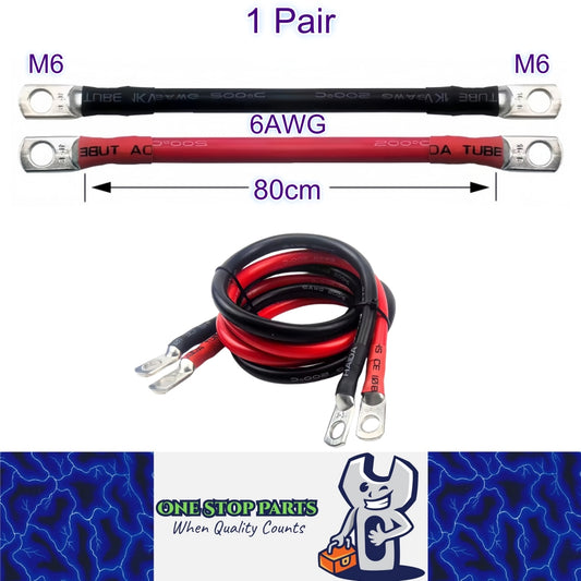Pair 80cm 6AWG Car Battery Cables Black Red Silicone Cable with M6 Eye Terminals