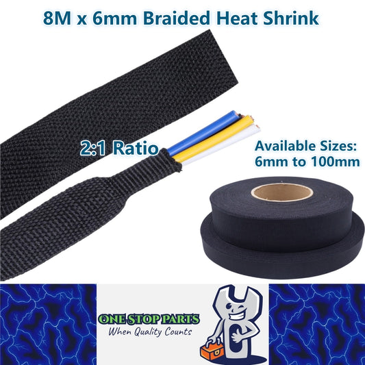 8M x 6mm 2:1 Black Heat Shrink Braided Sleeve Shrinks 6mm to 3mm Braided Sleeve